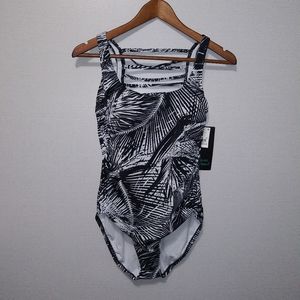 One Piece Swimsuit Black White Palm Print